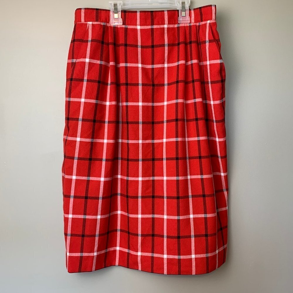 Vintage Red Black Plaid Classic Pencil Skirt Size Small Knee Length Academia
